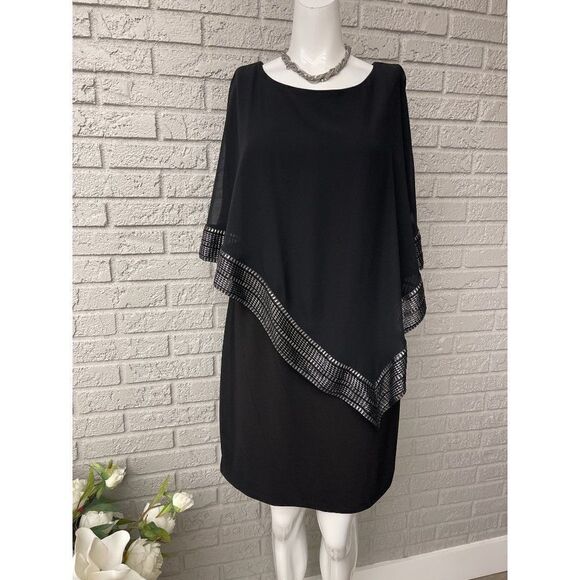 SLNY Women Navy With Sliver Metallic Trim Capelet Sheath Dress Size 8 - Picture 3 of 12